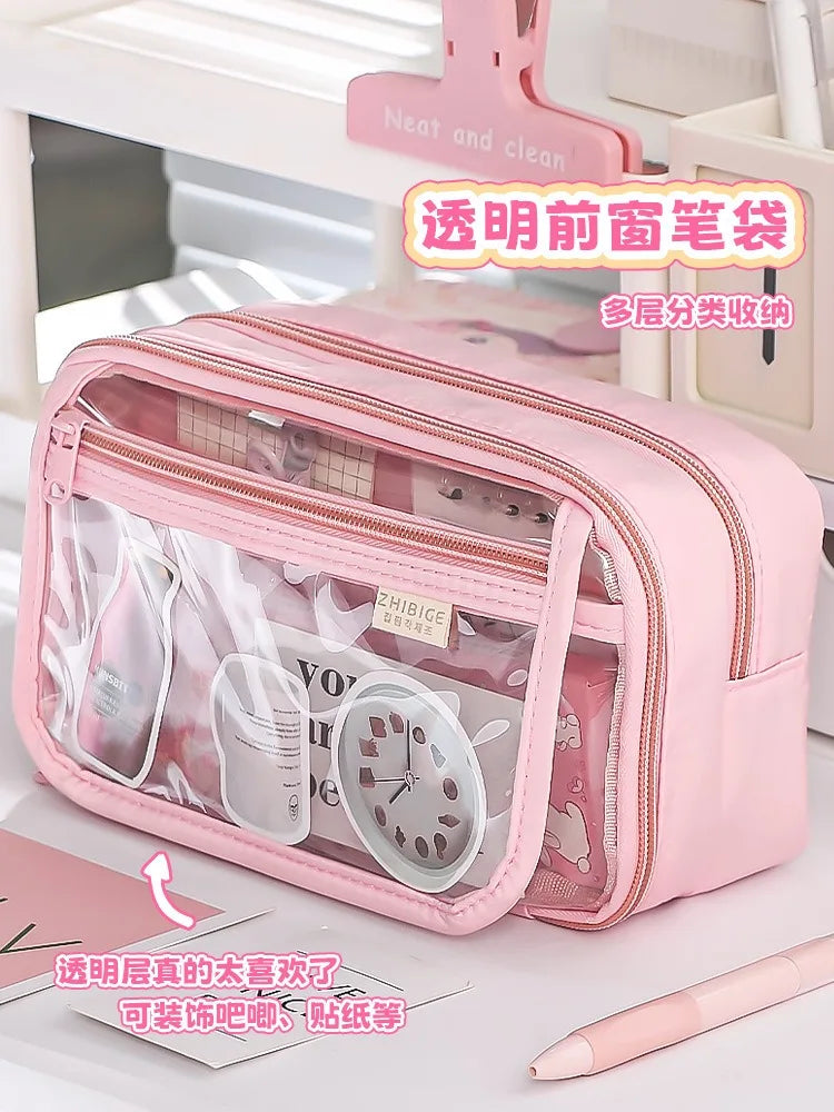New Pencil Bag Kawaii Student Translucent Stationery Box DIY Large Capacity Stationery Storage Bag School Stationery Supplies exovai.com