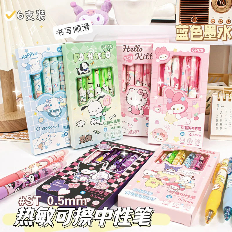 6pcs Kawaii Children Gel Pen Hello Kitty Cartoon Kuromi ST Erasable Black 0.5mm Press The Ballpoint Pen Learning Stationery Gift exovai.com
