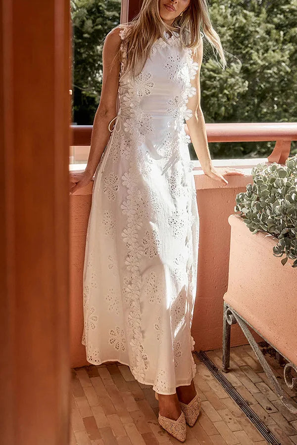 2025 Summer New Fashion Lace Embroidery Women Strap Resort Slimming Long Dress Simple Solid Color Female Banquet Dresses exovai.com