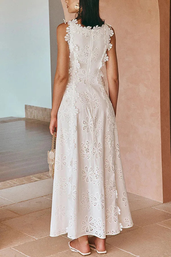 2025 Summer New Fashion Lace Embroidery Women Strap Resort Slimming Long Dress Simple Solid Color Female Banquet Dresses exovai.com