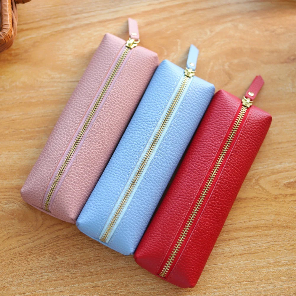 Custom Name Cow Leather Pencil Case Luxury Zipper Business Office Storage Bag Student Pen Bag Personalized Cosmetic Bags Gift exovai.com
