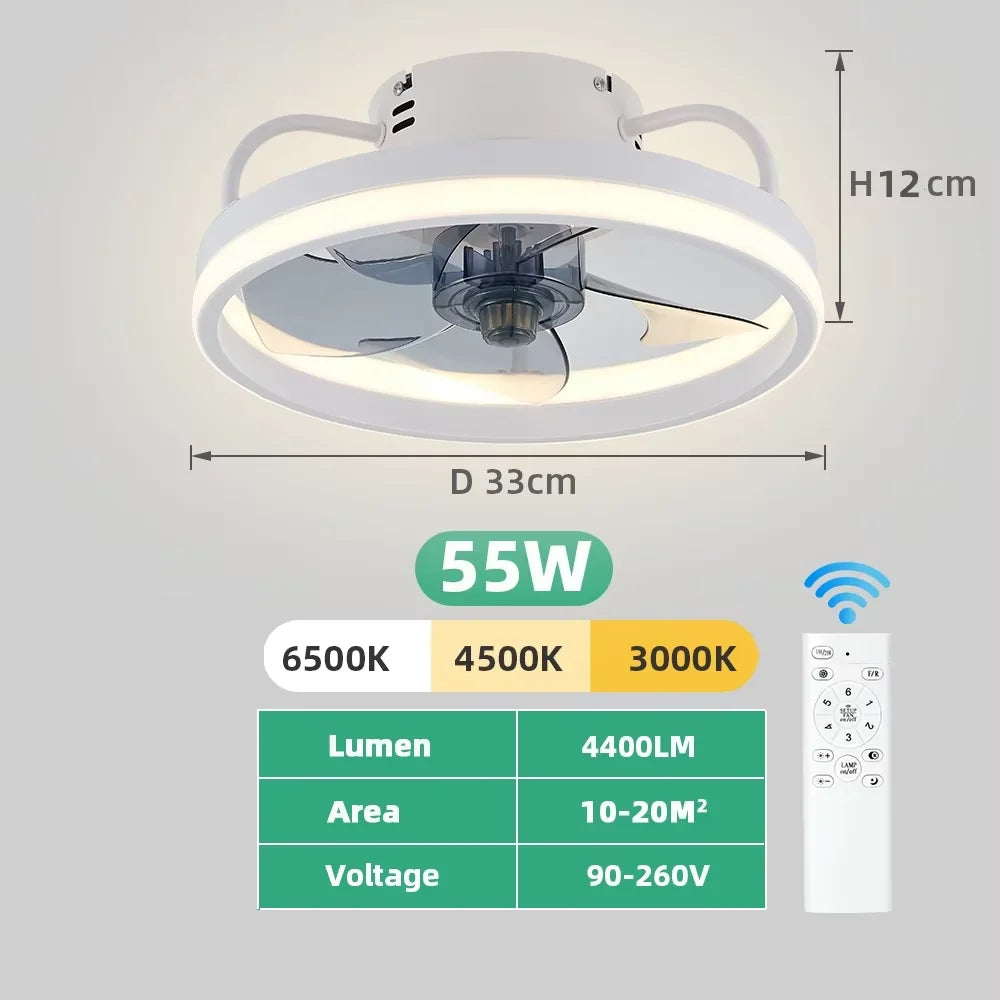 Ceiling fan with adjustable LED reversible blade timing and remote control, 5 invisible blades semi embedded installation exovai.com