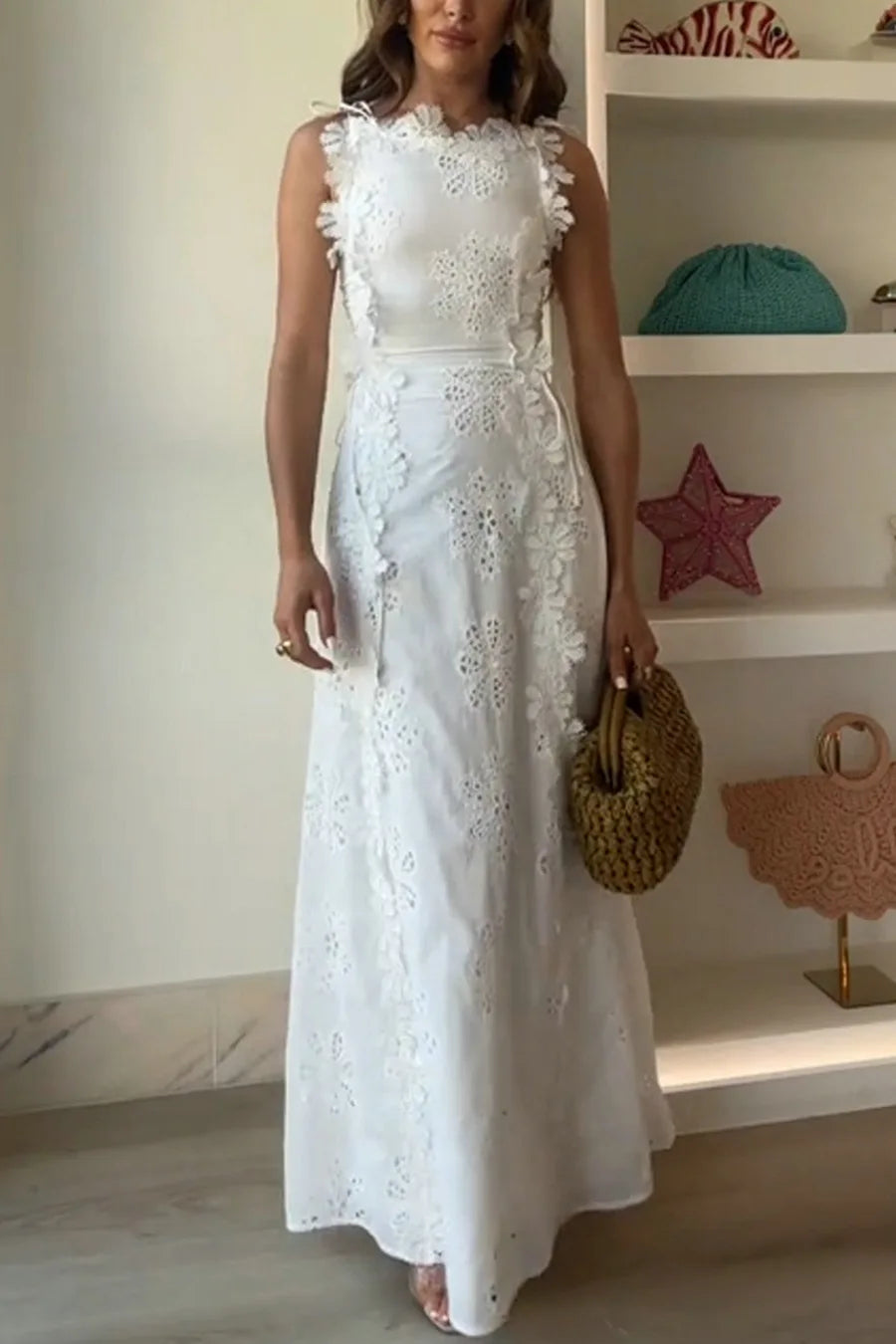 2025 Summer New Fashion Lace Embroidery Women Strap Resort Slimming Long Dress Simple Solid Color Female Banquet Dresses exovai.com