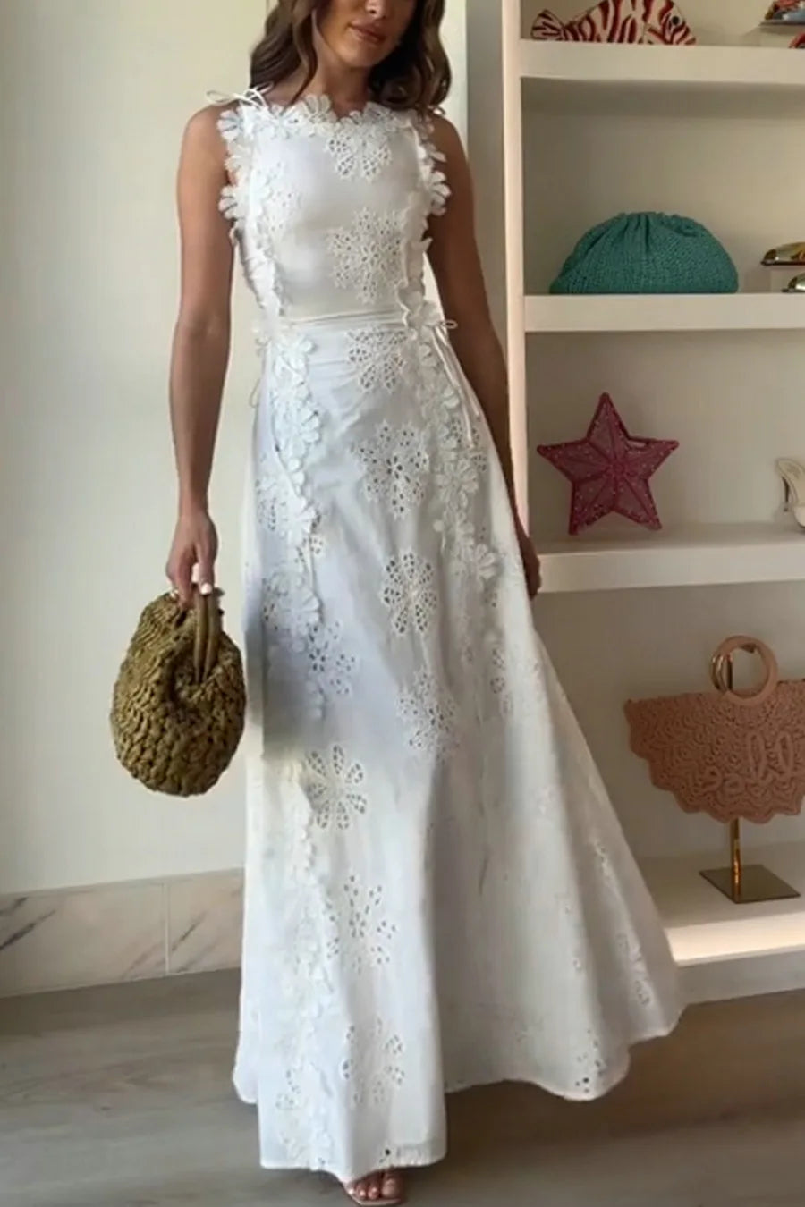 2025 Summer New Fashion Lace Embroidery Women Strap Resort Slimming Long Dress Simple Solid Color Female Banquet Dresses exovai.com