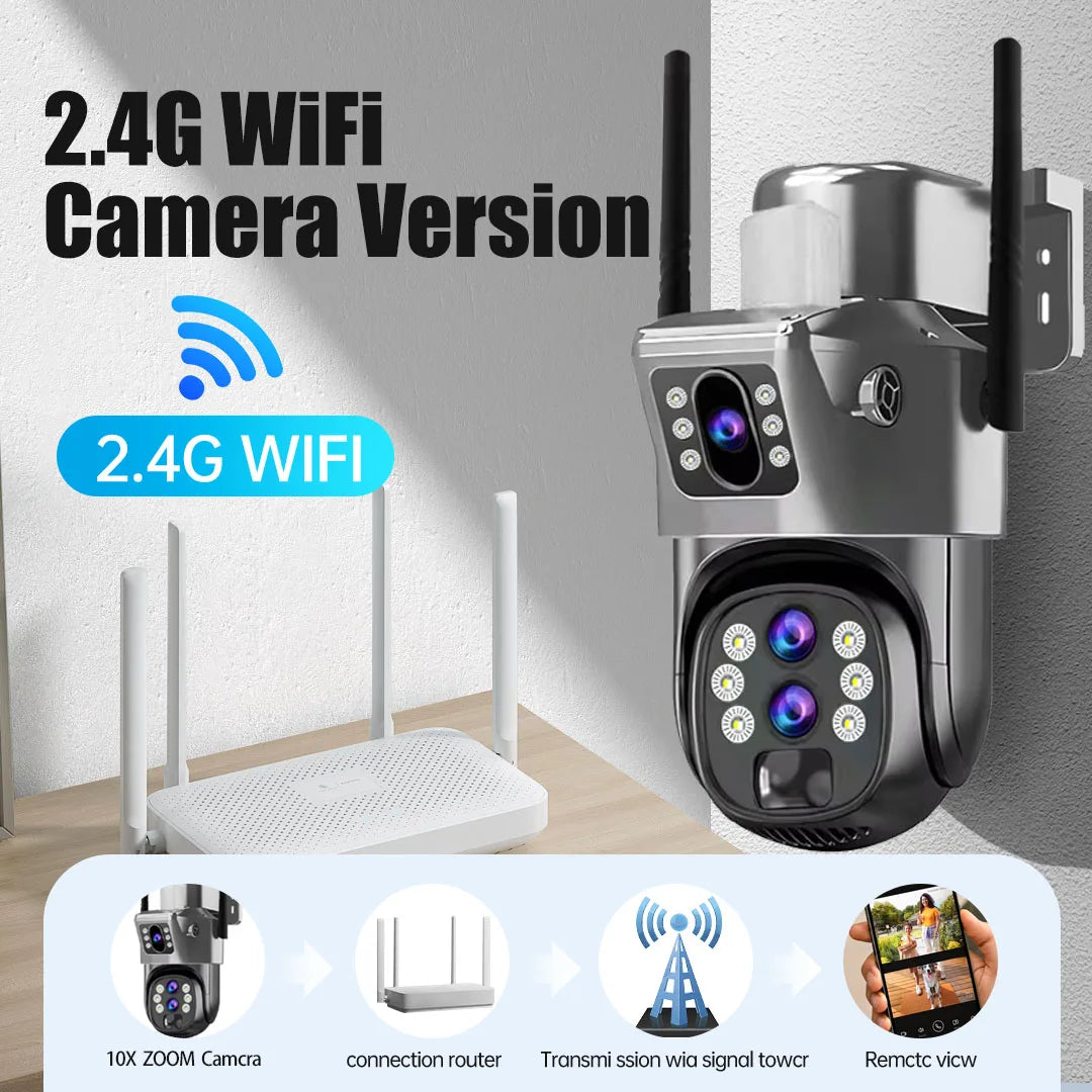 10X Optical Zoom 4G SIM Solar Camera 6K 12MP Three Lens WiFi Outdoor Surveillance Camera PIR Auto Tracking Solar Security CCTV exovai.com