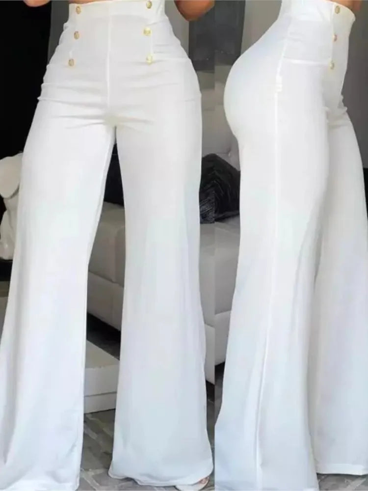 Elegant Casual  High Waist Wide Leg Pants Fashion Loose Button Long Pant Office Solid Spring Autumn Womens Clothing New Pant exovai.com