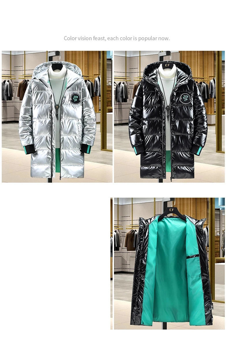 Winter 2024 Warm Light Long Parkas Waterproof Jacket Men Large Size Thicken Smooth Shiny Hooded Cotton-padded Coats Men exovai.com