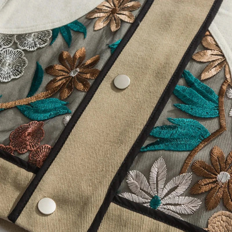 Vintage Floral Embroidery Patchwork Men Apricot Jacket Casual Turn Down Collar 2025 Spring Hip Hop Mens Loose Coat exovai.com