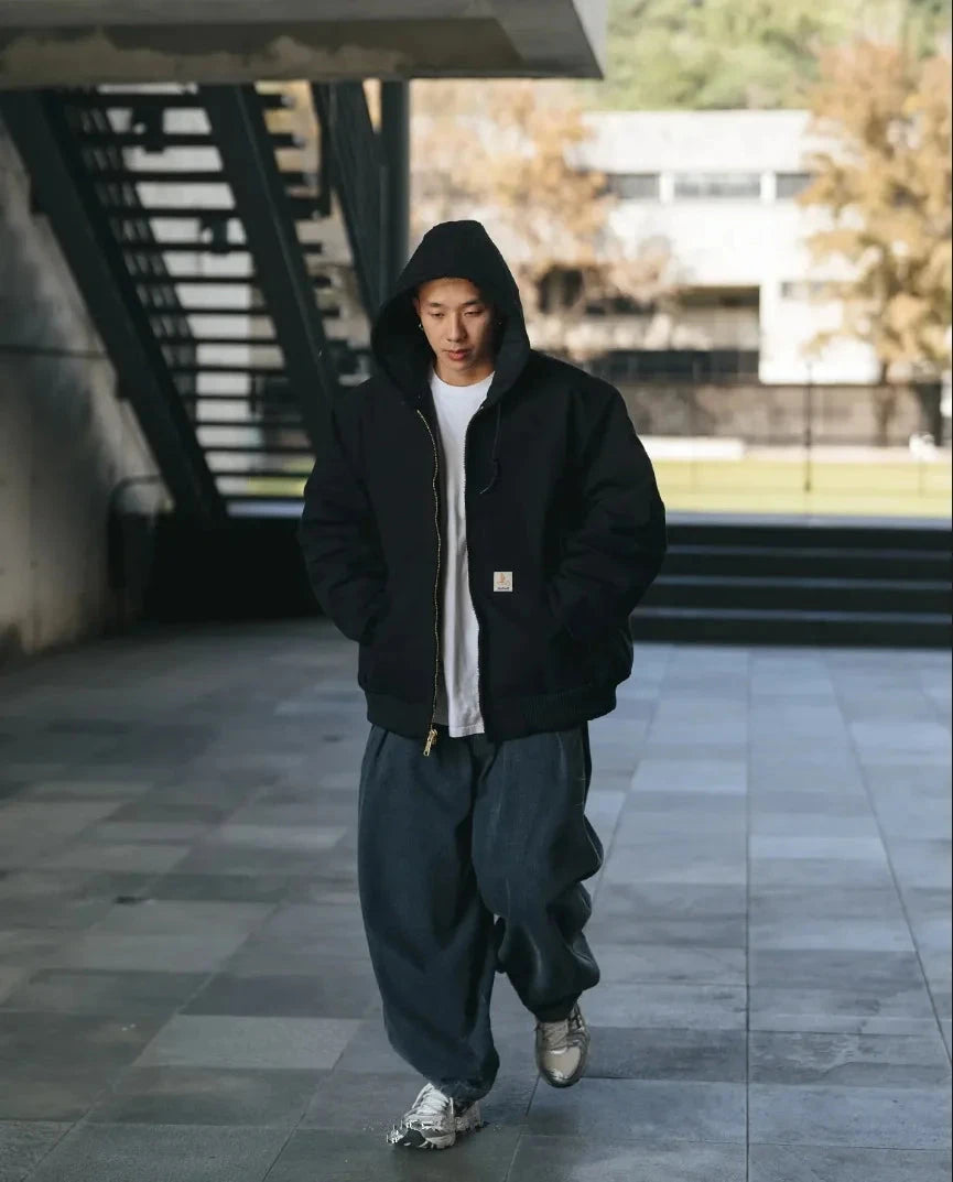 Winter New American Retro Long Sleeve Hooded Bomber Jacket Men's Fashion Cotton Thick Dom Quilted Casual Multi-pocket Coat exovai.com