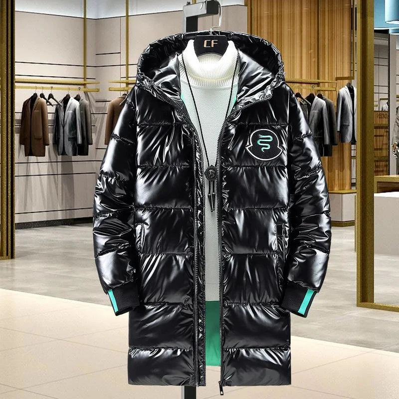 Winter 2024 Warm Light Long Parkas Waterproof Jacket Men Large Size Thicken Smooth Shiny Hooded Cotton-padded Coats Men exovai.com