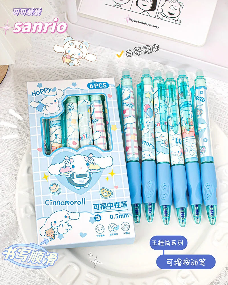 6pcs Kawaii Children Gel Pen Hello Kitty Cartoon Kuromi ST Erasable Black 0.5mm Press The Ballpoint Pen Learning Stationery Gift exovai.com