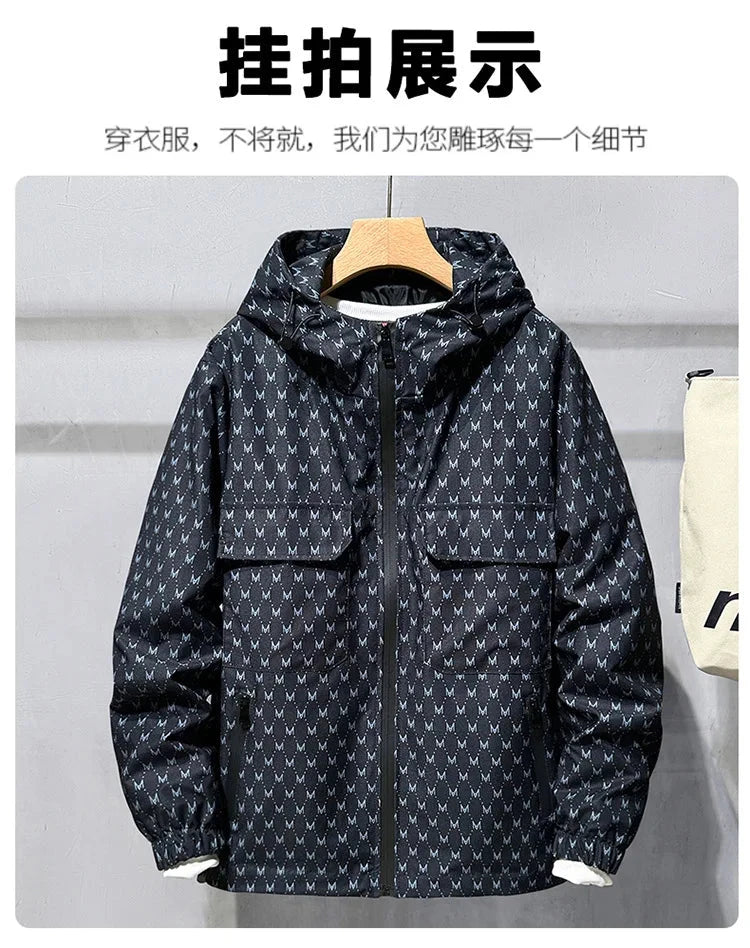 Men's Fashion Casual Spring Autumn Clothing Windproof Loose Jacket Black Color Outdoor Hooded Punching Jacket 7XL exovai.com