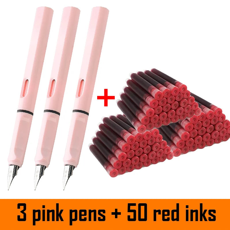 53Pcs Fountain Pen Set School Student Pens Replacable Ink Set Black/Blue/Red ink 0.38 mm Office Writing Supplies Stationery exovai.com