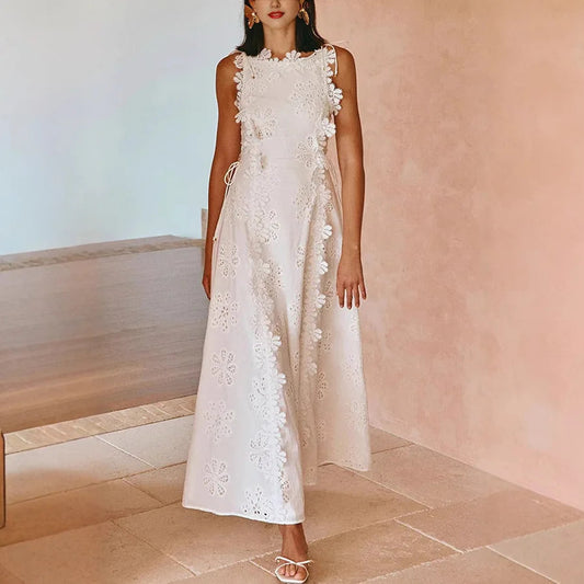 2025 Summer New Fashion Lace Embroidery Women Strap Resort Slimming Long Dress Simple Solid Color Female Banquet Dresses exovai.com