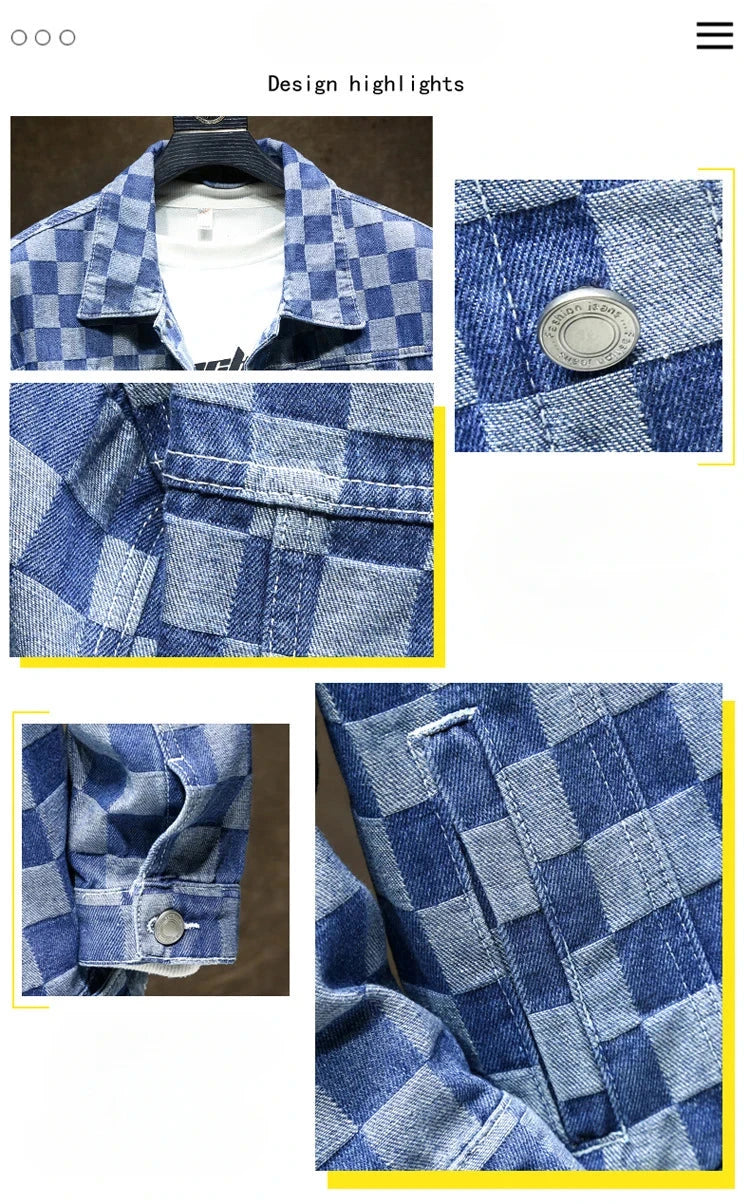 Men's Denim Jacket Blue Button Plaid Male Jean Coats Cheap Price Stylish One Piece Vintage Trendy Casual Original Korea Lxury exovai.com
