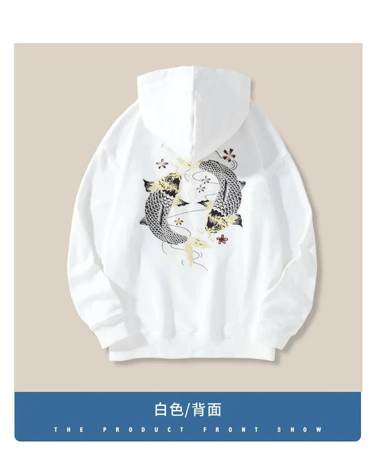 Autumn Winter Hoodies for Men Brocade Carp Embroidery Knit Sweatshirt with Hat Oversize Pullovers Cotton Male Clothing exovai.com