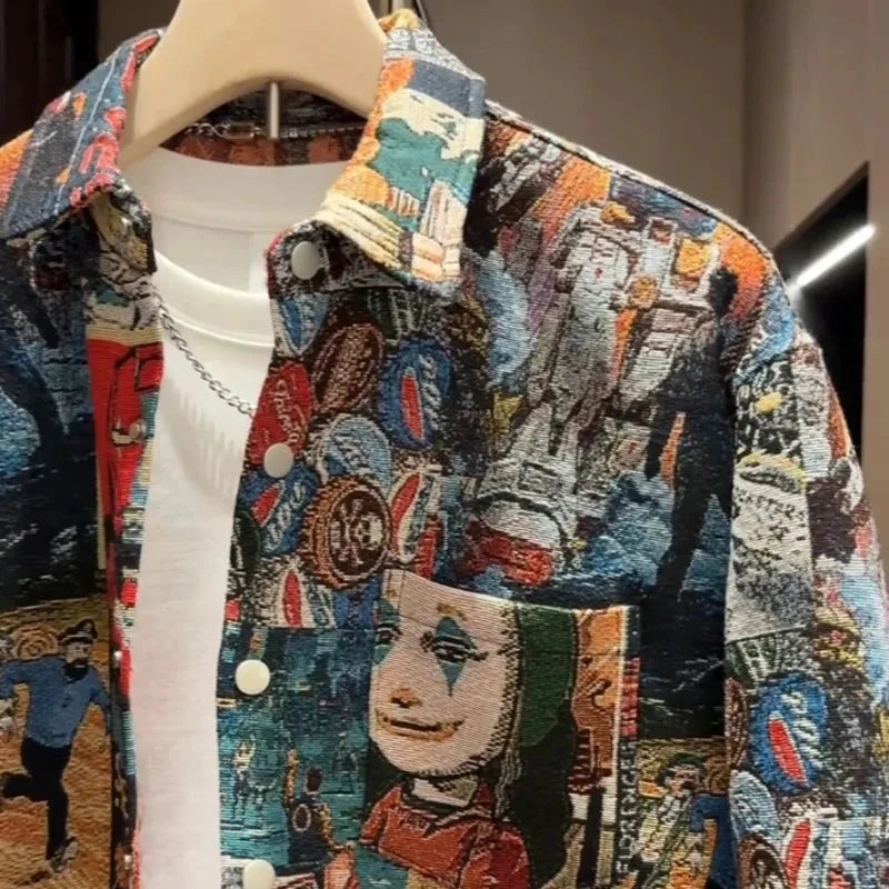 Men's Spring Autumn Fashion Casual Shirt New Style Painted Halo Ethnic Print High-end Loose Versatile Casual Jacket exovai.com