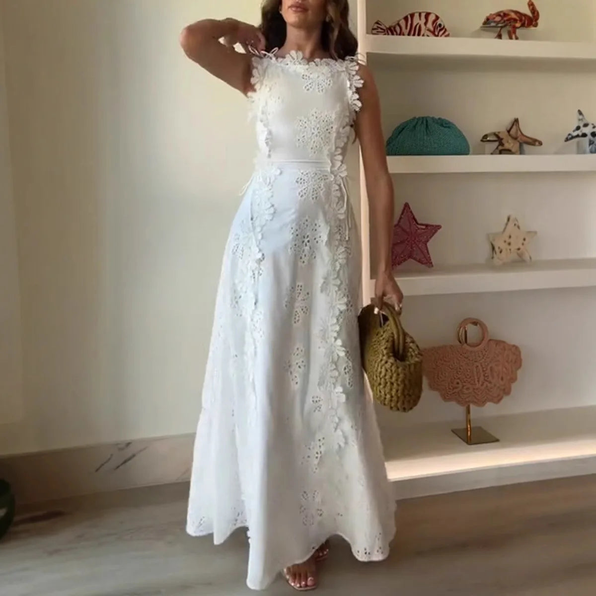 2025 Summer New Fashion Lace Embroidery Women Strap Resort Slimming Long Dress Simple Solid Color Female Banquet Dresses exovai.com