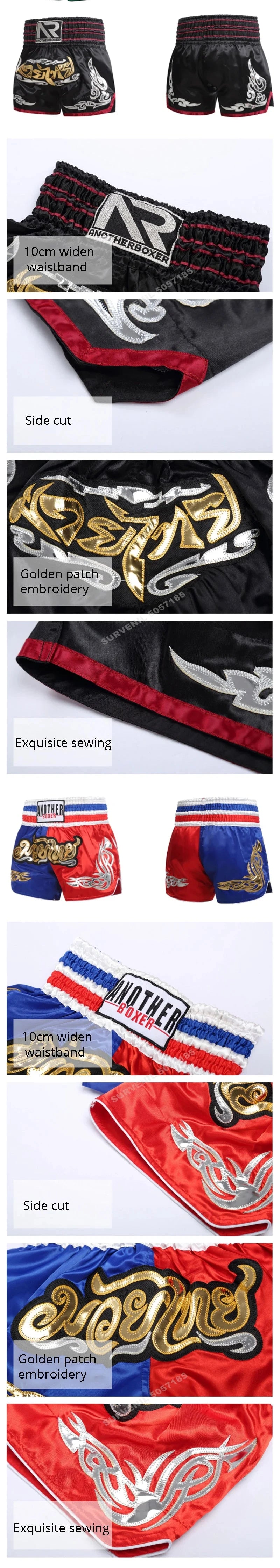 Muay Thai Pants Embroidery Boxing Shorts Women Men Satin Fight Kickboxing Training Trunks Kids Boy Girl Martial Arts MMA Clothes exovai.com