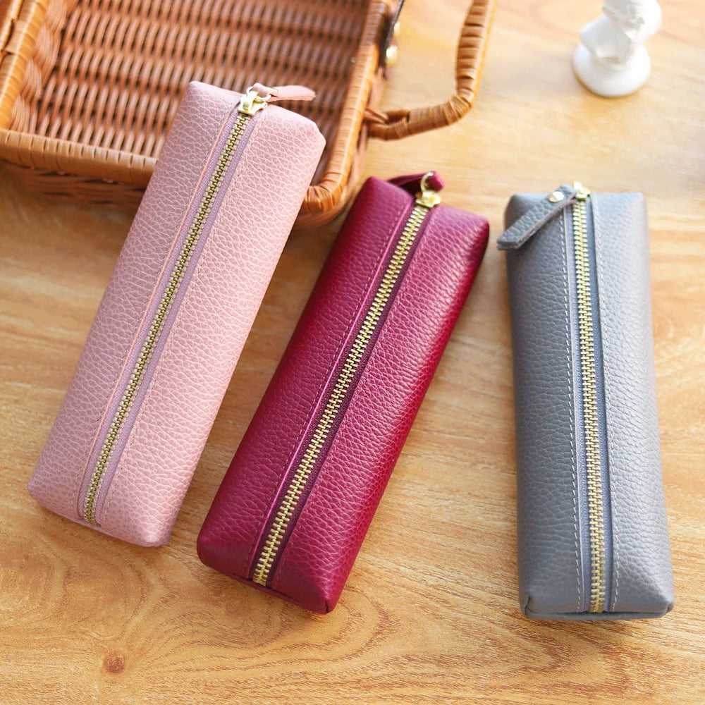 Custom Name Cow Leather Pencil Case Luxury Zipper Business Office Storage Bag Student Pen Bag Personalized Cosmetic Bags Gift exovai.com