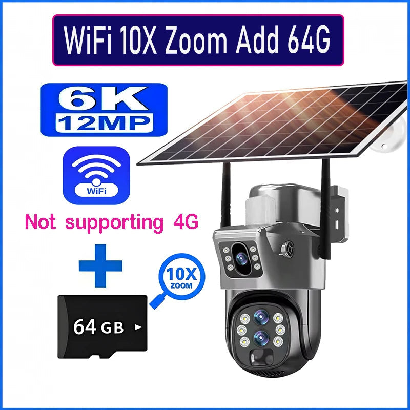 10X Optical Zoom 4G SIM Solar Camera 6K 12MP Three Lens WiFi Outdoor Surveillance Camera PIR Auto Tracking Solar Security CCTV exovai.com