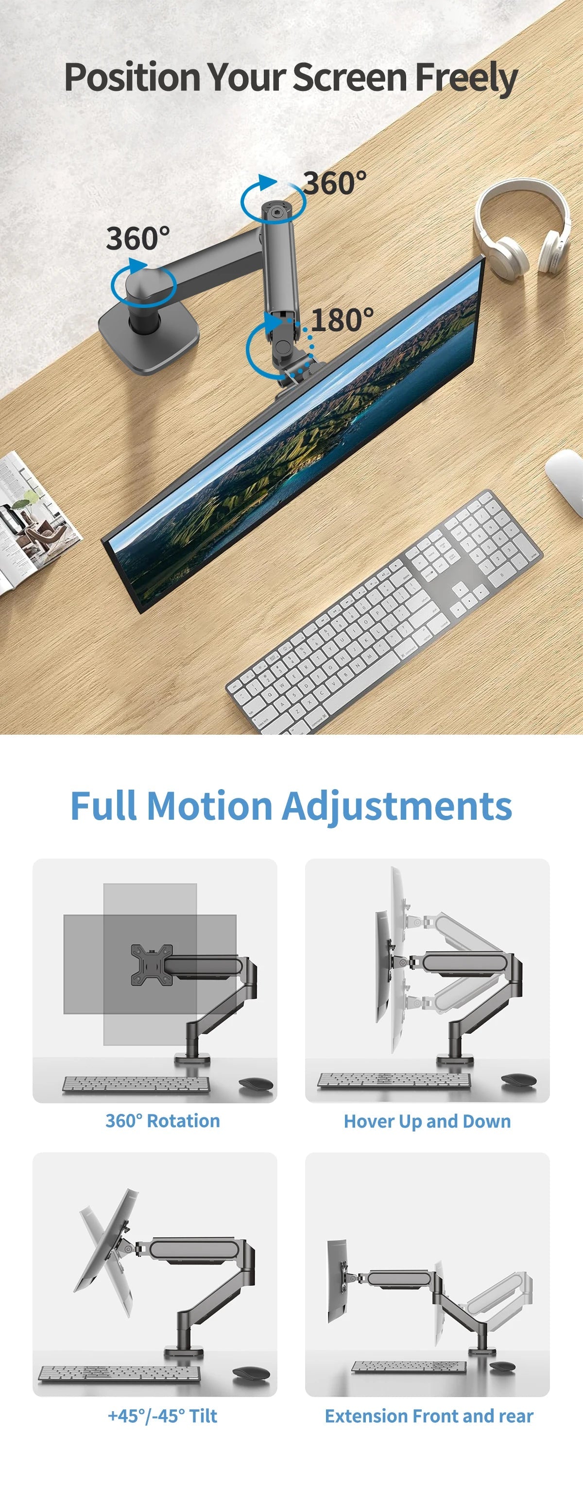 Hot Sale Computer Desk Monitor Mounting Bracket Height Adjustable 13 "-32" Screen Stock Aluminum Mono Gas Spring Monitor Arm exovai.com