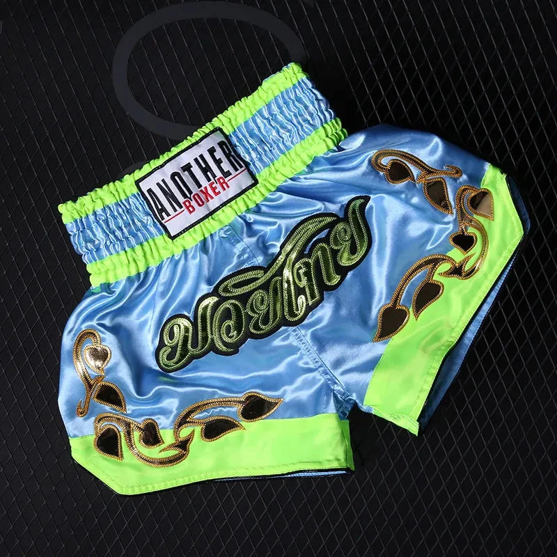 Muay Thai Pants Embroidery Boxing Shorts Women Men Satin Fight Kickboxing Training Trunks Kids Boy Girl Martial Arts MMA Clothes exovai.com