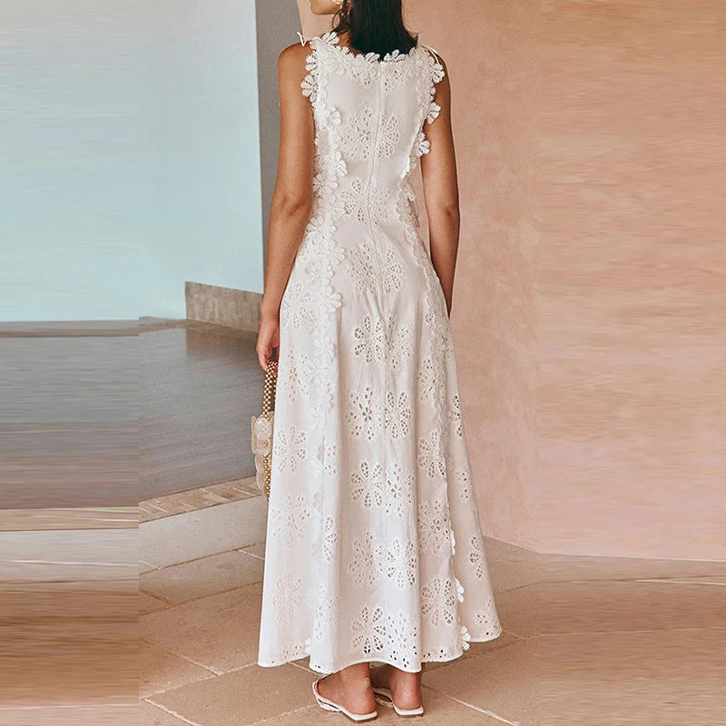 New Solid Color Lace Embroidery Evening Dress Trendy Sleeveless Women White Dress Elegant Hollow Out Floral Bandage Party Dress exovai.com