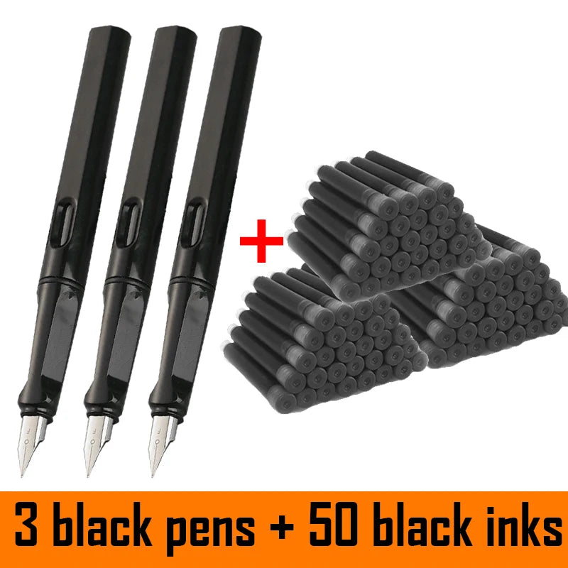 53Pcs Fountain Pen Set School Student Pens Replacable Ink Set Black/Blue/Red ink 0.38 mm Office Writing Supplies Stationery exovai.com