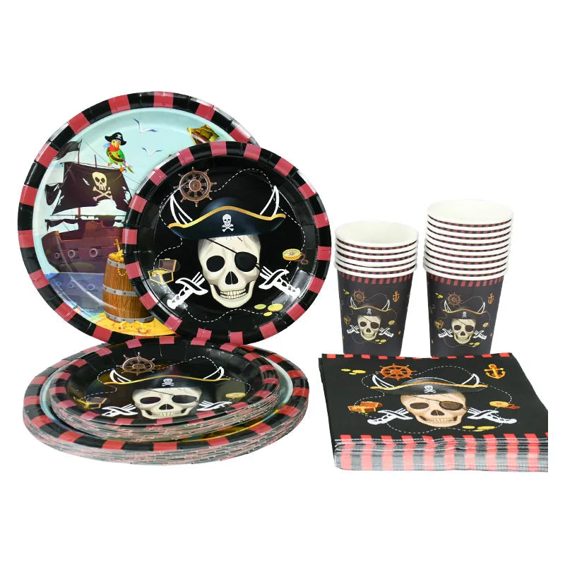 Pirate Theme Party Disposable Tableware Paper Plates Cups Napkins Kids Boy Birthday Party Decorations Halloween Supplies exovai.com