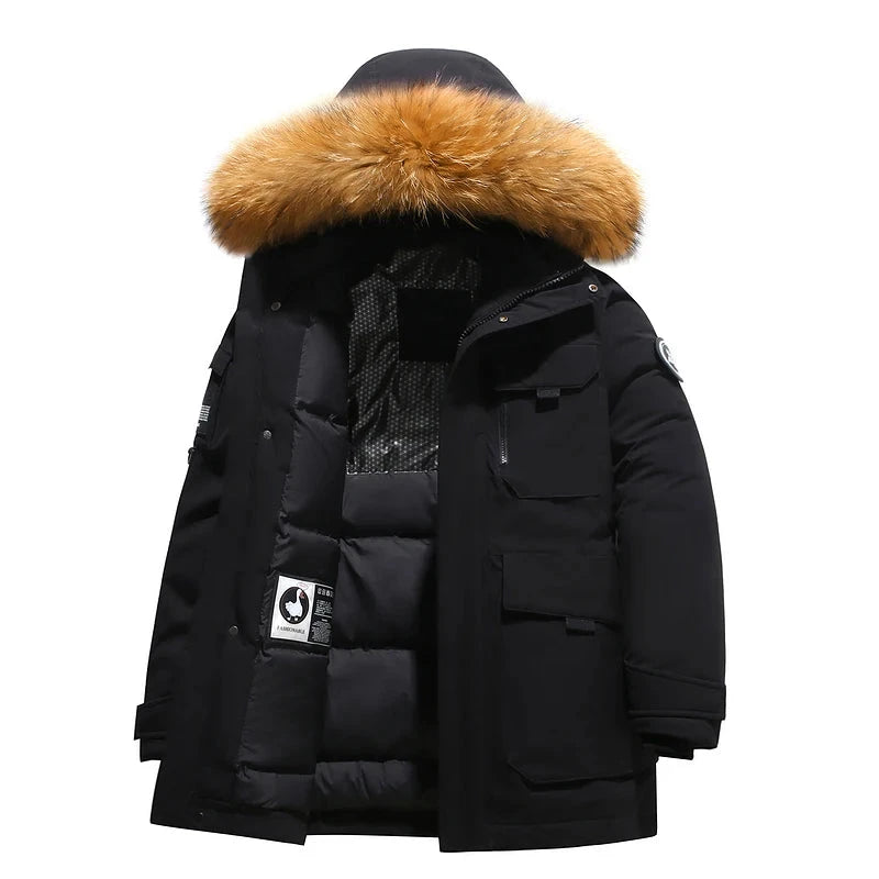 Black Down Jacket 2024 Winter Lined White Duck Down Hooded Fur Collar Jacket Casual Fashion Thick Warm Embroidered Design Parka exovai.com