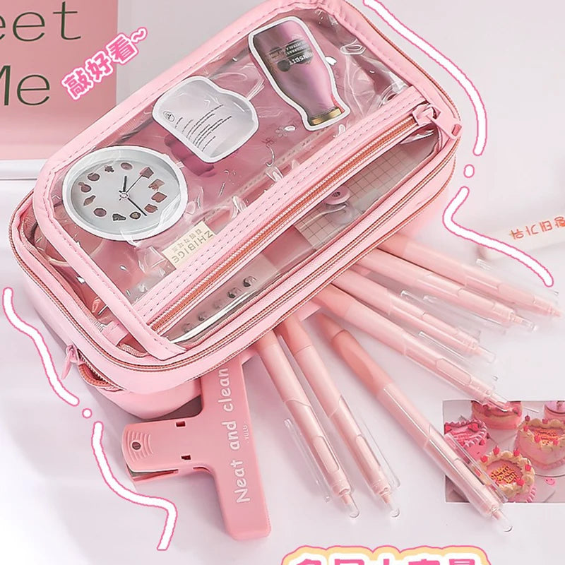 New Pencil Bag Kawaii Student Translucent Stationery Box DIY Large Capacity Stationery Storage Bag School Stationery Supplies exovai.com