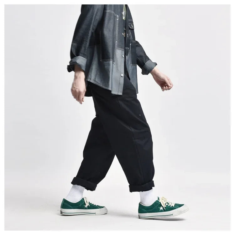 Japanese Style Loose Fit Jumpsuit Cargo Pants Bell Bottoms Dad Pants Ins Popular Same Style Tank For Men Women exovai.com