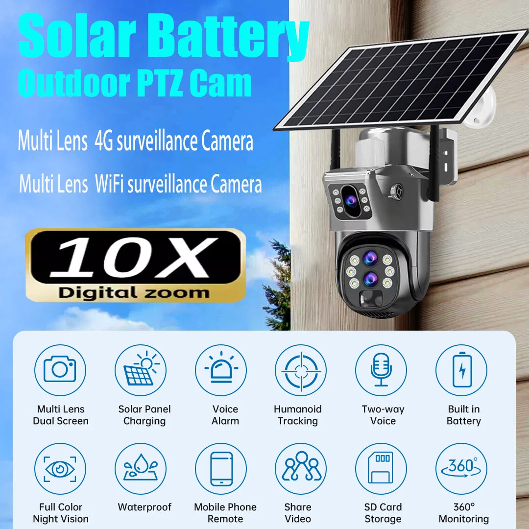 10X Optical Zoom 4G SIM Solar Camera 6K 12MP Three Lens WiFi Outdoor Surveillance Camera PIR Auto Tracking Solar Security CCTV exovai.com