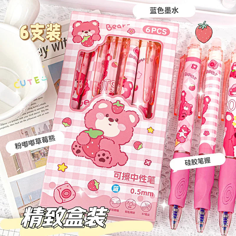 6pcs Kawaii Children Gel Pen Hello Kitty Cartoon Kuromi ST Erasable Black 0.5mm Press The Ballpoint Pen Learning Stationery Gift exovai.com