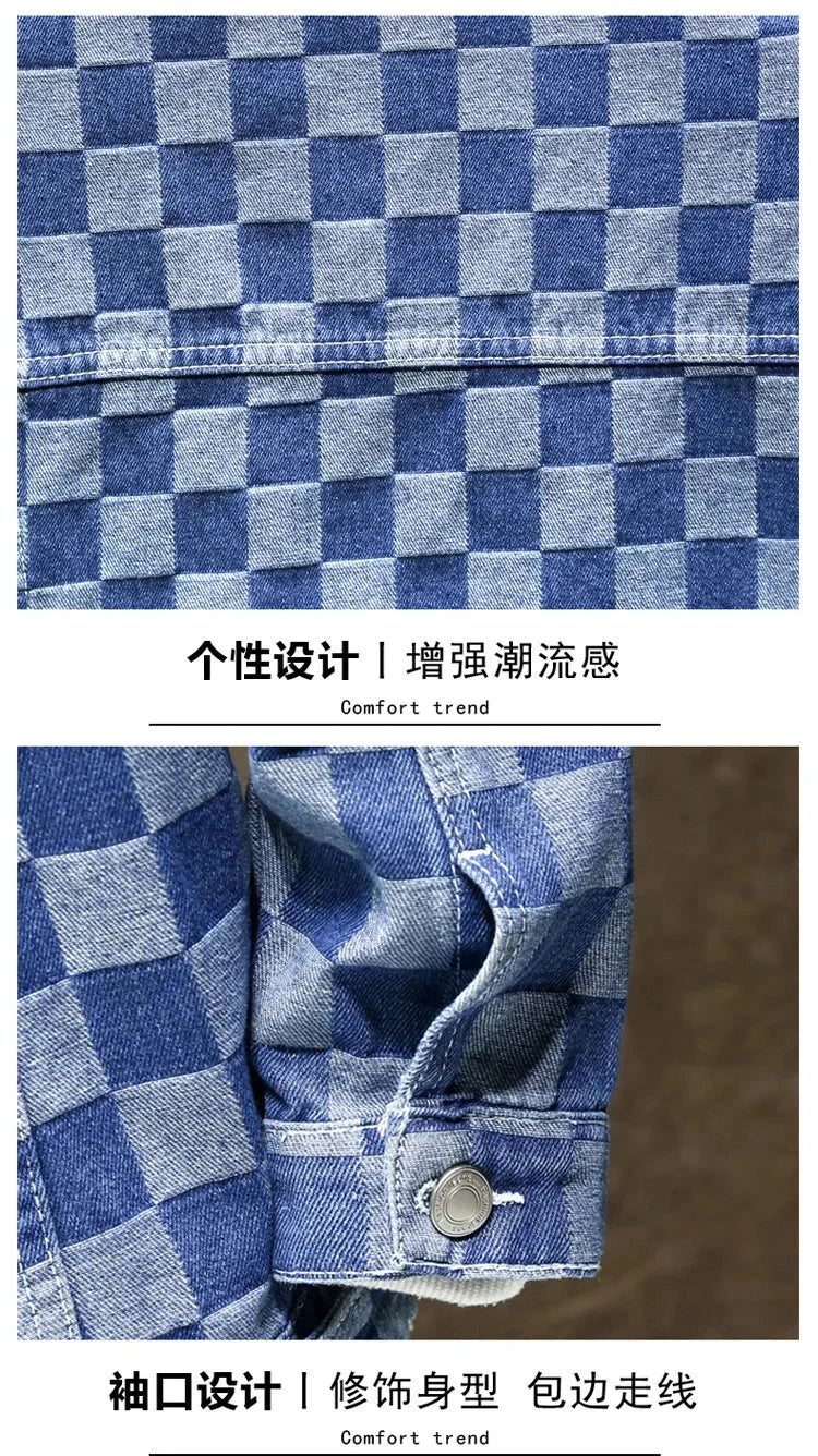 Men's Denim Jacket Blue Button Plaid Male Jean Coats Cheap Price Stylish One Piece Vintage Trendy Casual Original Korea Lxury exovai.com