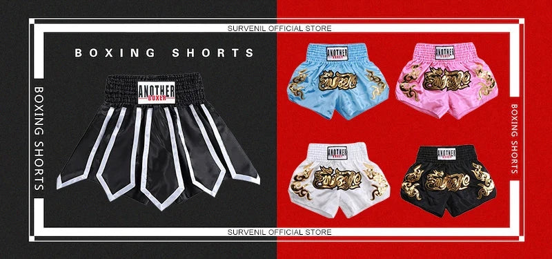 Muay Thai Pants Embroidery Boxing Shorts Women Men Satin Fight Kickboxing Training Trunks Kids Boy Girl Martial Arts MMA Clothes exovai.com