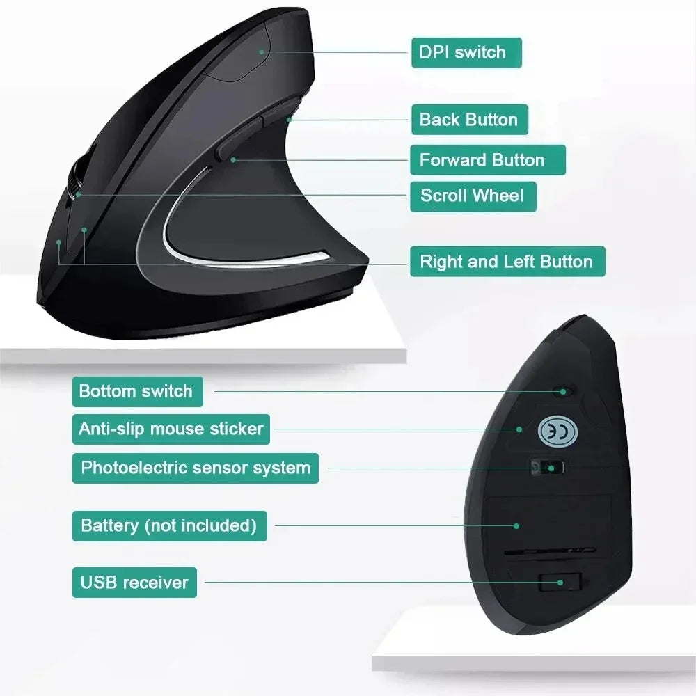 Vertical Mouse Ergonomic 2.4GHz Wireless Optical Mice 3 Adjustable DPI 800/1200/1600 6 Buttons for Laptop PC Computer Desktop exovai.com