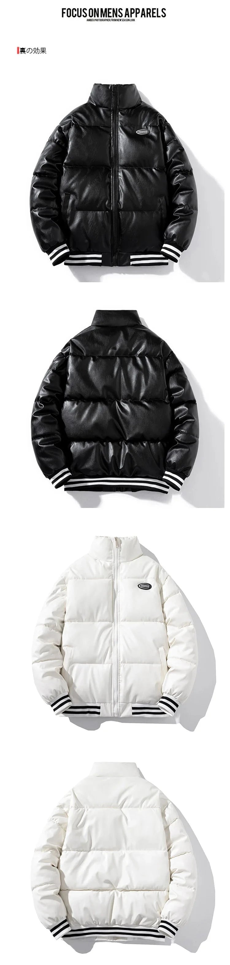 Winter Men's Parka Jacket Cotton-padded PU Leather Casual Coats Bomber Jacket Man Warm Parka Mens Puffy Cotton Clothes exovai.com