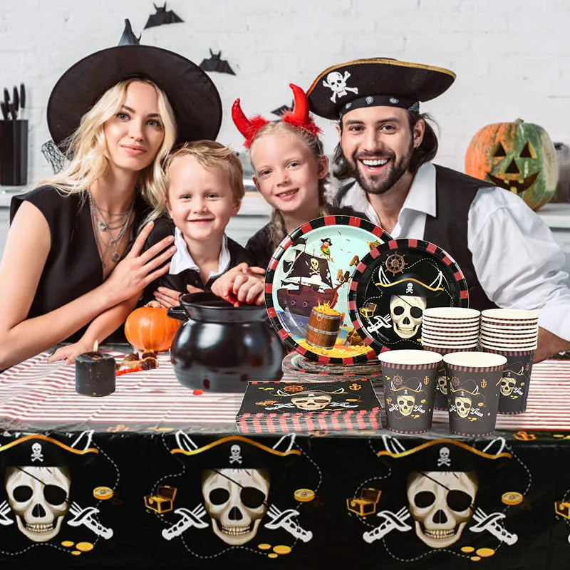 Pirate Theme Party Disposable Tableware Paper Plates Cups Napkins Kids Boy Birthday Party Decorations Halloween Supplies exovai.com