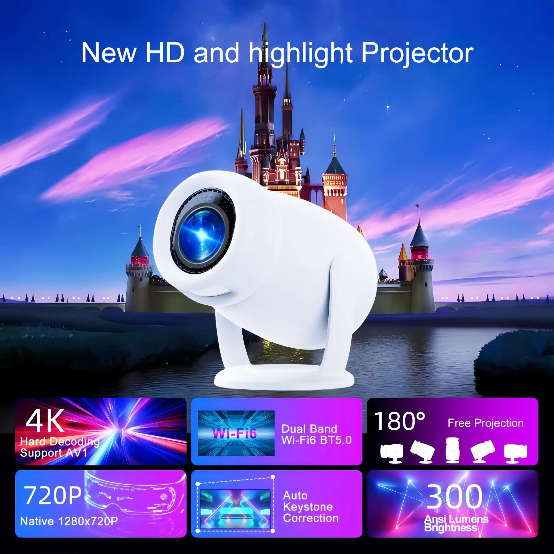 Xiaomi HD Mini Projector 4K Wifi6 Android 12 300 ANSI Dual Home BT5.0 1280*720P Portable Cinema Video Movie Player Home Theater exovai.com