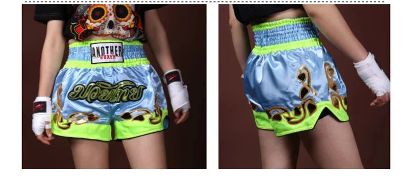 Muay Thai Pants Embroidery Boxing Shorts Women Men Satin Fight Kickboxing Training Trunks Kids Boy Girl Martial Arts MMA Clothes exovai.com
