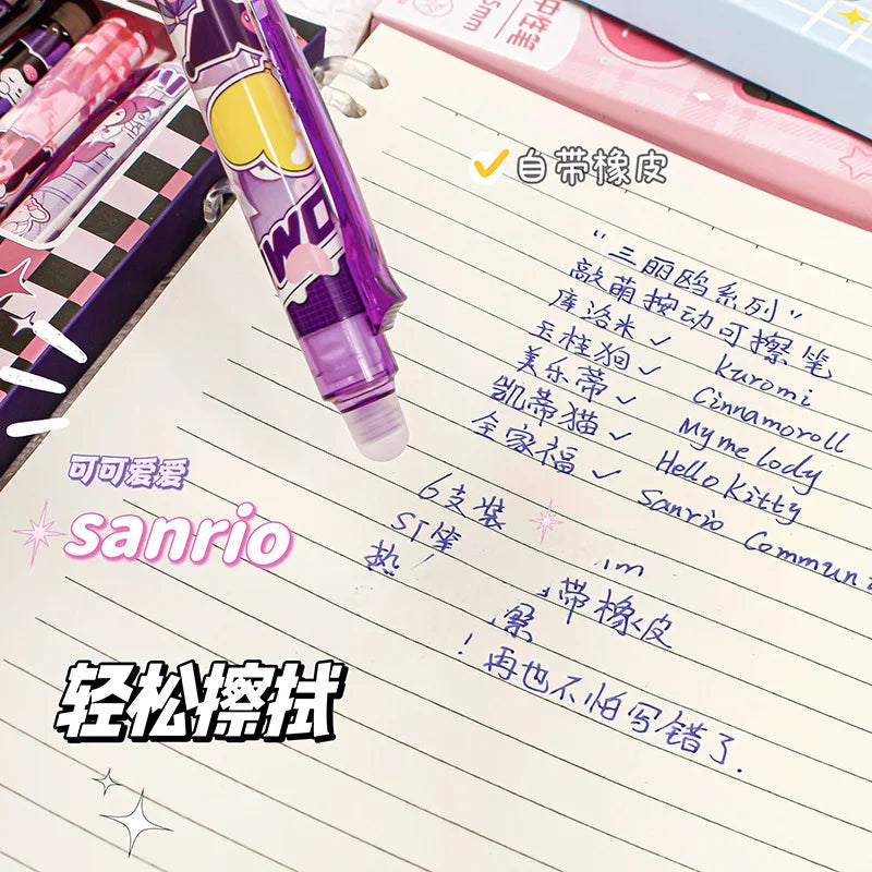 6pcs Kawaii Children Gel Pen Hello Kitty Cartoon Kuromi ST Erasable Black 0.5mm Press The Ballpoint Pen Learning Stationery Gift exovai.com