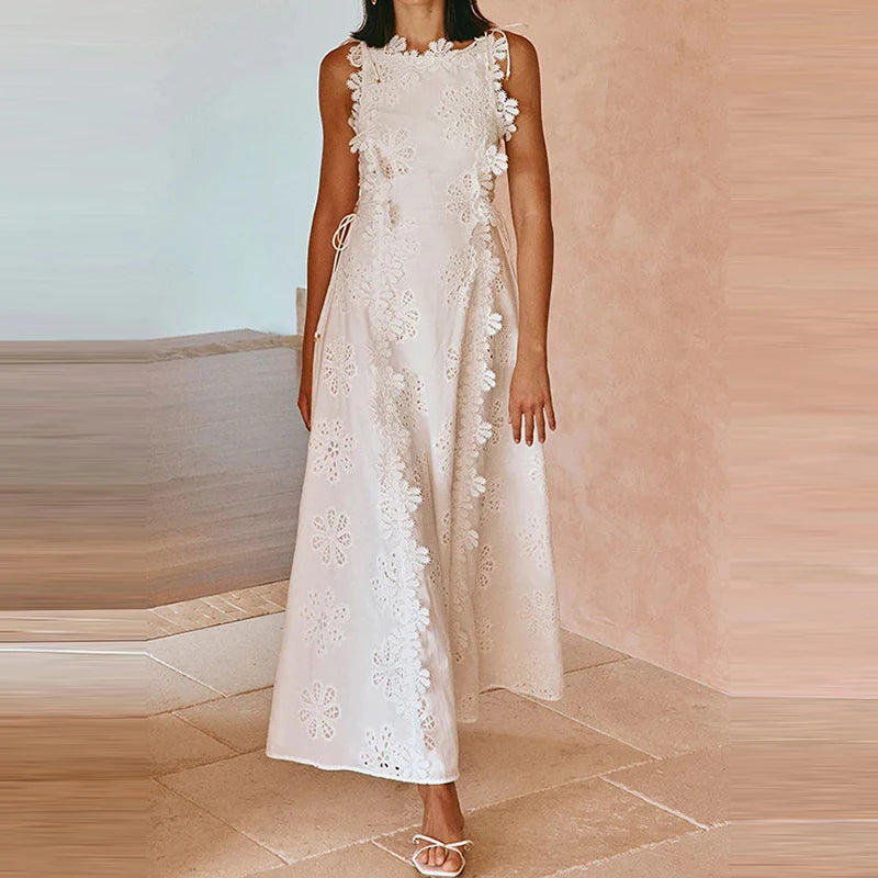 New Solid Color Lace Embroidery Evening Dress Trendy Sleeveless Women White Dress Elegant Hollow Out Floral Bandage Party Dress exovai.com