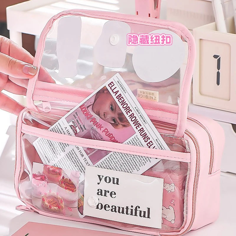 New Pencil Bag Kawaii Student Translucent Stationery Box DIY Large Capacity Stationery Storage Bag School Stationery Supplies exovai.com