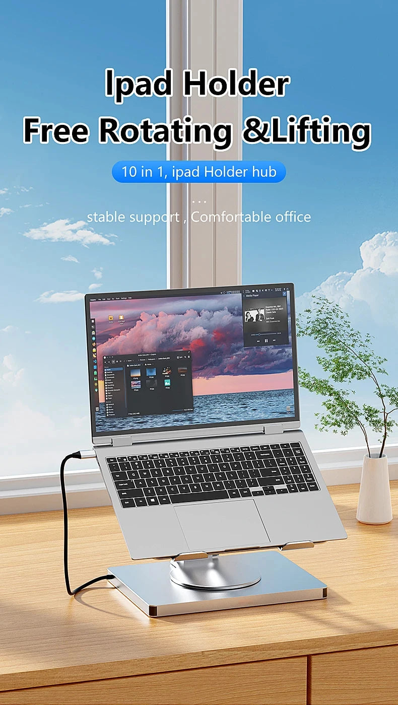 Laptop Stand for MacBook Pro Air Dell HP Surface 360° Rotatable Foldable with USB Hub Card Reader RJ45 Universal Bracket Holder exovai.com