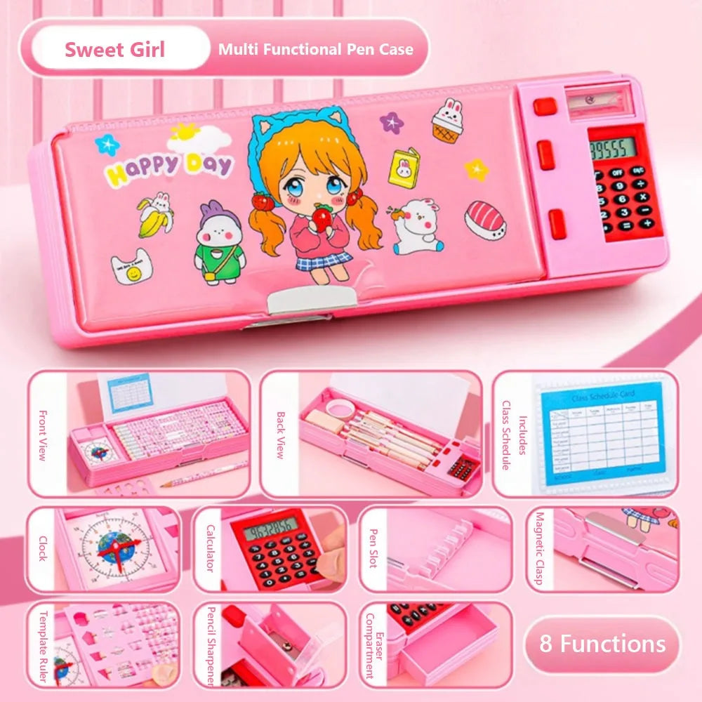 Plastic Pencil Case With Calculator/Pencil Sharpener Double Sided Use Pencil Box Large Capacity Multi-Functional exovai.com
