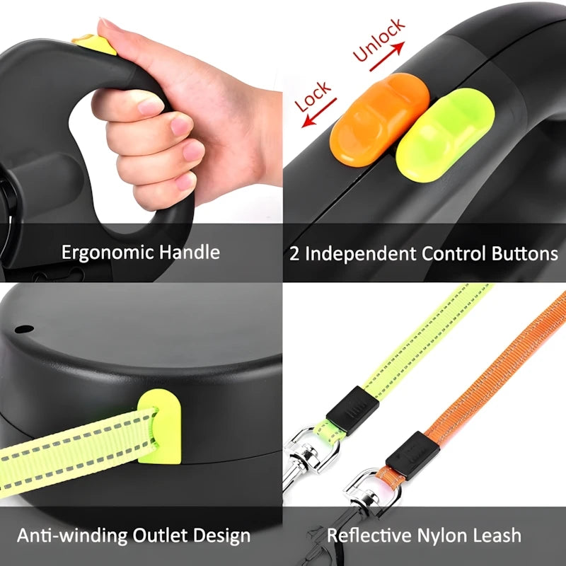 2 In1 Multi-functional LED Light Pet Leash Automatic Retractable 3M/5M Reflective 360 Swivel Dual Dog Leash with Bag Container exovai.com