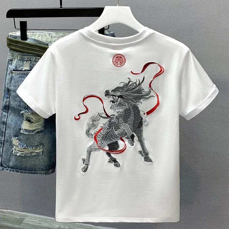 Summer Men T Shirt Harajuku Dragon Embroidery T Shirt Chinese Vintage Tees Tops Cotton Short Sleeve Casual Streetwear 09s Youth exovai.com