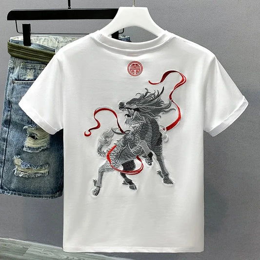 Summer Men T Shirt Harajuku Dragon Embroidery T Shirt Chinese Vintage Tees Tops Cotton Short Sleeve Casual Streetwear 09s Youth exovai.com